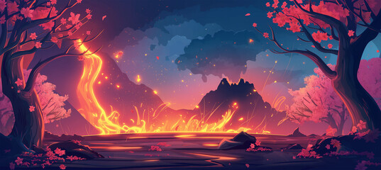 Obraz premium The Volcano lava burst cartoon hell exploding with tree and pink flower, game baclground, Illustration