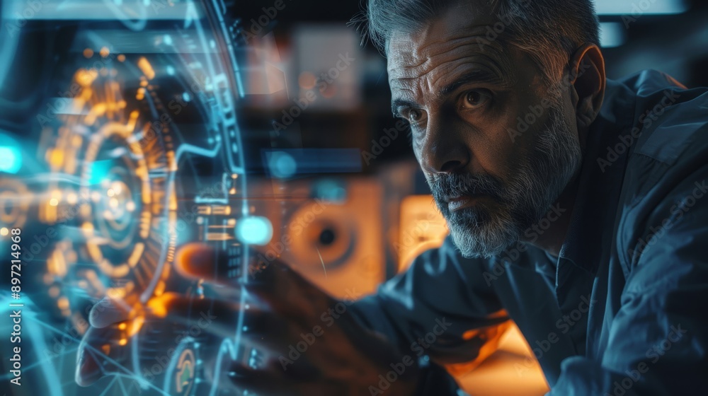 Poster Focused engineer interacting with a futuristic digital interface in a high-tech industrial environment. Innovation and advanced technology in engineering.