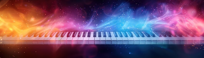 Jazz instrument concert poster, piano keys, swirling patterns, copy space, energetic theme, vibrant, Multilayer, downtown streets