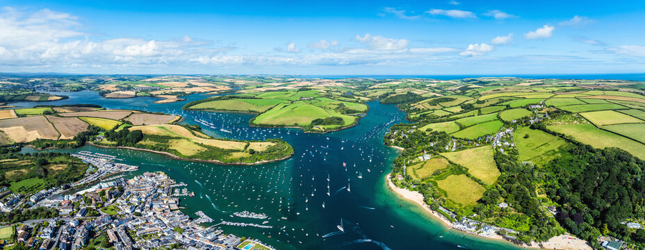 Panorama of Salcombe and Mill Bay over Kingsbridge Estuary from a drone, Batson Creek, Southpool Creek, Devon, England, Europe