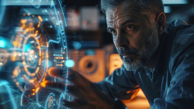 Focused engineer interacting with a futuristic digital interface in a high-tech industrial environment. Innovation and advanced technology in engineering.