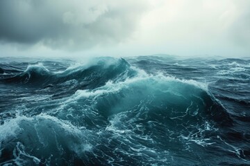 This photo depicts a vast expanse of water showing powerful waves crashing against the shoreline, Frantic ocean under hurricane winds, AI Generated