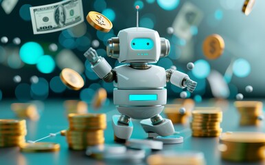 A robot sitting on top of money with green dollar bills flying around
