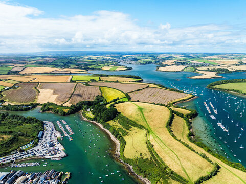 Salcombe and Mill Bay over Kingsbridge Estuary from a drone, Batson Creek, Southpool Creek, Devon, England, Europe