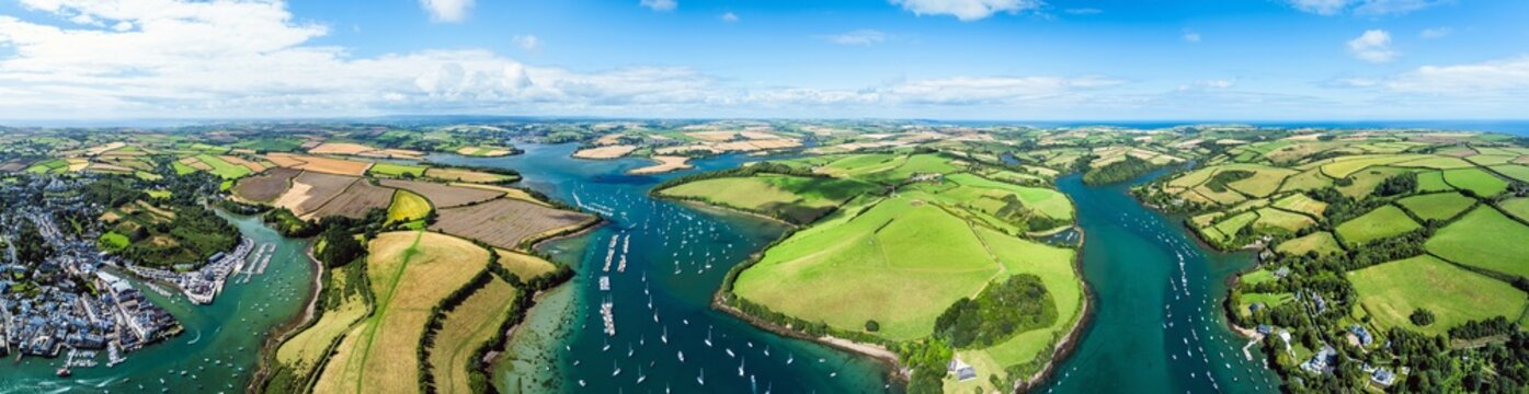Panorama of Salcombe and Mill Bay over Kingsbridge Estuary from a drone, Batson Creek, Southpool Creek, Devon, England, Europe