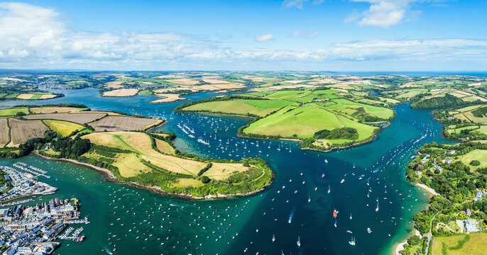 Salcombe and Mill Bay over Kingsbridge Estuary from a drone, Batson Creek, Southpool Creek, Devon, England, Europe