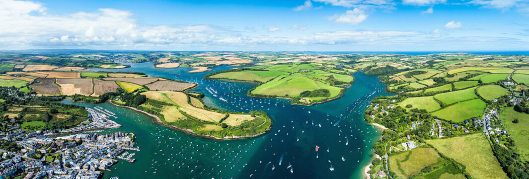 Salcombe and Mill Bay over Kingsbridge Estuary from a drone, Batson Creek, Southpool Creek, Devon, England, Europe