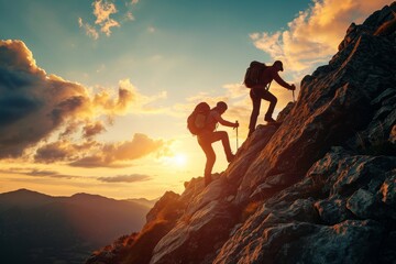 Two individuals are energetically ascending the steep incline of a rugged mountain, Friendship enduring a steep climb as hiker helps friend reach the top, AI Generated