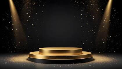 Background black podium stage gold award glitter light 3d platform product golden pedestal. Podium show black background abstract elegant ceremony dark display spotlight effect confetti night scene