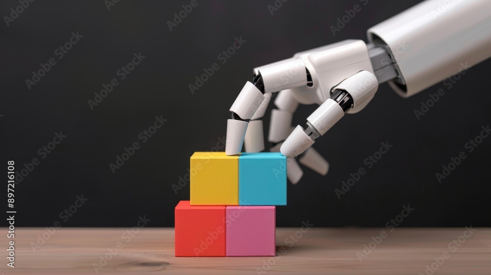 Poster ai robot playing with colorful blocks on the table against a black background