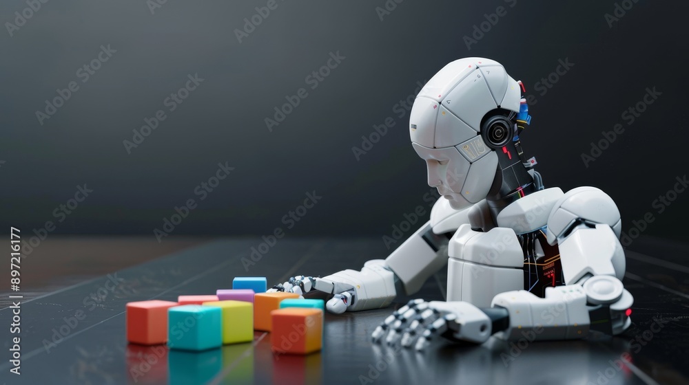 Poster ai robot playing with colorful blocks on the table against a black background