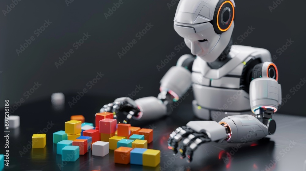 Poster ai robot playing with colorful blocks on the table against a black background