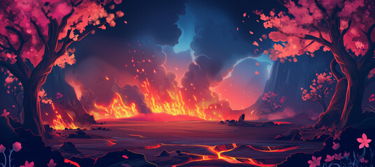 The Volcano lava burst cartoon hell exploding with tree and pink flower, game baclground, Illustration