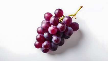 Fototapeta premium A bunch of purple grapes with leaves, on a white background, the grapes are plump and juicy, and the leaves are green and bright.
