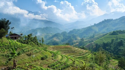 The lush landscape and terraced fields of Sapa, Vietnam.