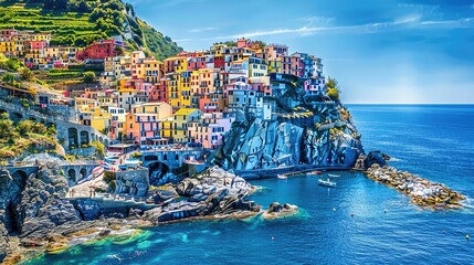 Fototapeta premium The picturesque coastline and colorful buildings of the Cinque Terre, Italy.