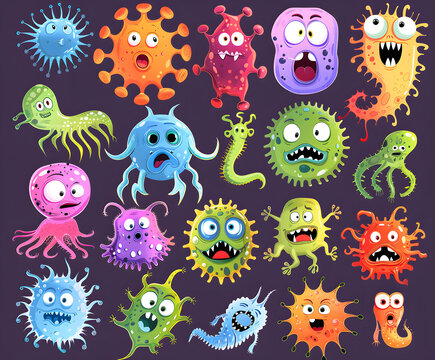 Set of microbes. Collection of cartoon viruses. Vector illustration of microorganisms for children. Color drawing of a set of bacteria. Monsters collection.