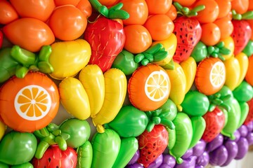 A variety of fruits and vegetables, including apples, oranges, tomatoes, and carrots, artfully arranged on a wall, Fruit-shaped balloons for a summer birthday party, AI Generated