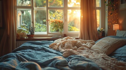 A cozy bedroom with soft pillows and blankets