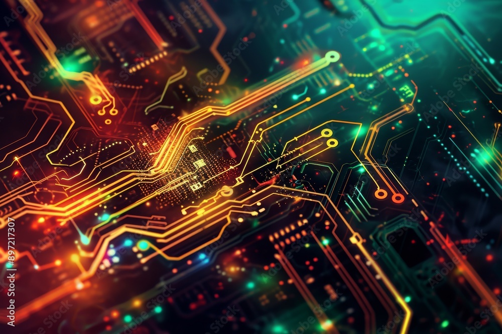 Poster a computer circuit board is filled with vibrant and colorful lights, creating an intriguing display 