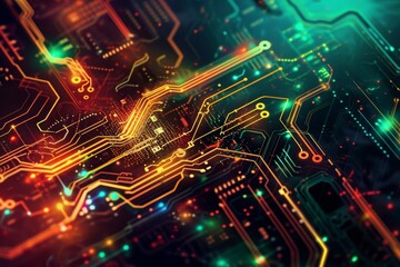 A computer circuit board is filled with vibrant and colorful lights, creating an intriguing display of technology in action, Futuristic abstract circuit board design, AI Generated