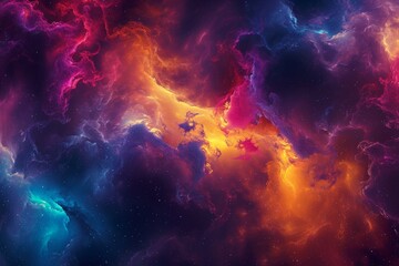 A vibrant and engaging image showcasing a multicolored background adorned with fluffy clouds and twinkling stars, Futuristic abstract galaxy with vibrant colors, AI Generated