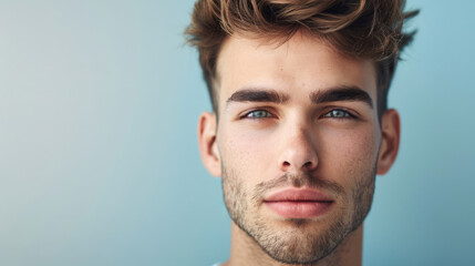 Fototapeta premium A young man with blond hair and a beard looking directly at the camera with a serious expression