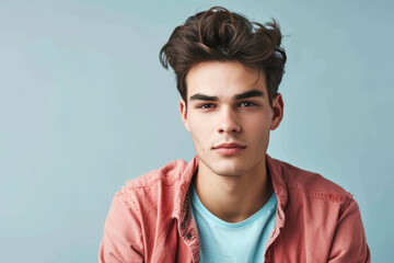 Fototapeta premium A young man with brown hair and light stubble, wearing a blue t-shirt and pink shirt, looking directly at the camera with a slight smile, blue background