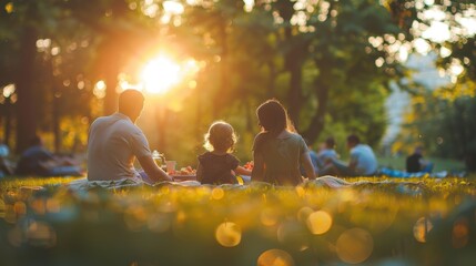 A family enjoys a peaceful picnic at sunset in a park, surrounded by nature and golden light.