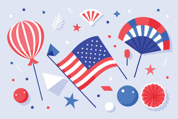 Obraz premium Independence Day poster, banner, foil balloon flyer, paper fan, and confetti for July 4. American flag colors. Minimalism flat lay design.