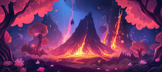Obraz premium The Volcano lava burst cartoon hell exploding with tree and pink flower, game baclground, Illustration
