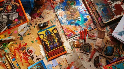 Obraz premium Artist surrounded by art supplies, creating a vibrant pop art depiction of a hindu deity