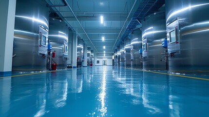 Industrial Facility With Stainless Steel Tanks and Blue Epoxy Floor