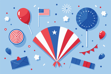 Obraz premium Independence Day poster, banner, foil balloon flyer, paper fan, and confetti for July 4. American flag colors. Minimalism flat lay design.