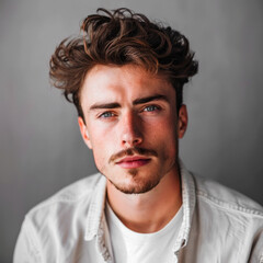Obraz premium A young man with brown hair and beard, wearing a white shirt, looking at the camera with a slight smile, gray background