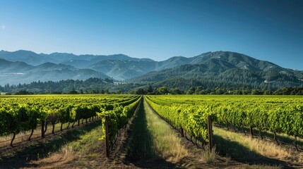 Naklejka premium The picturesque vineyards of the Napa Valley, California, under a clear sky.