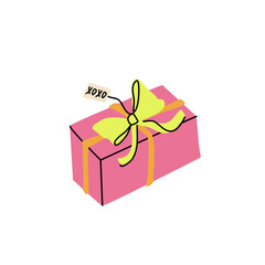 Vibrant gift box with bow and label xoxo. Flat vector clipart isolated on white background