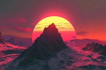 Fototapeta premium The Sun Sets Over a Mountain Range, Futuristic, abstract representation of an alien sun setting behind a mountain, AI Generated