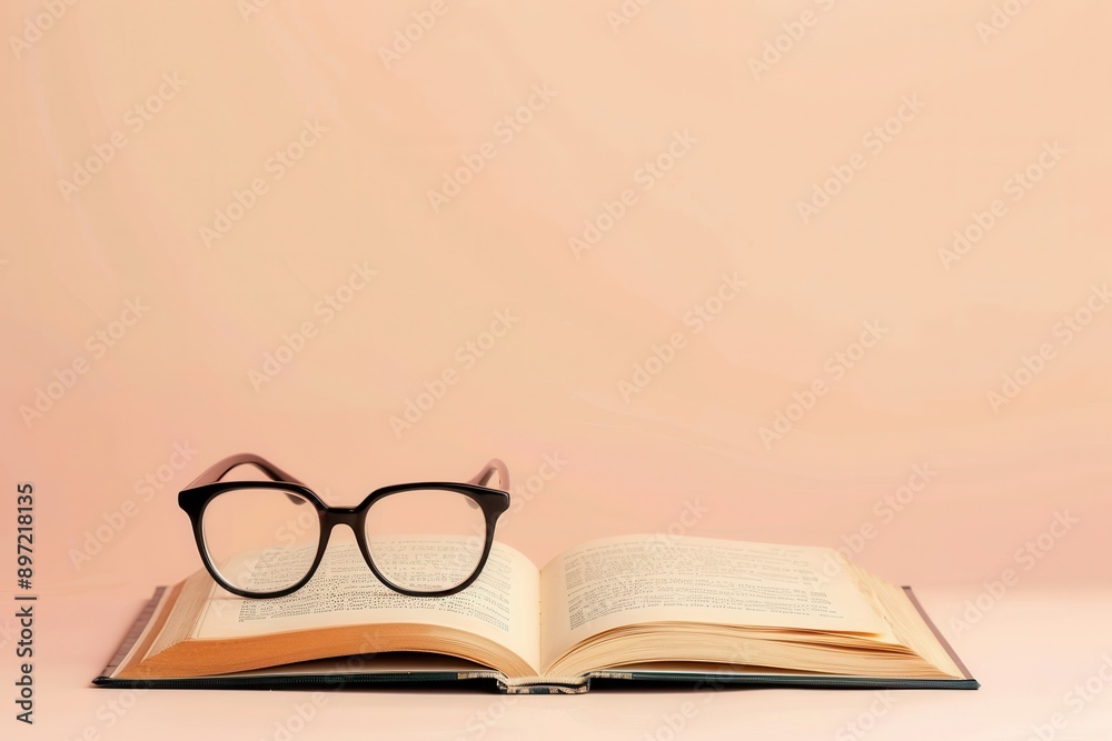 Leinwandbilder an open book with eyeglasses resting on top, set against a minimalist peach-colored background. gene