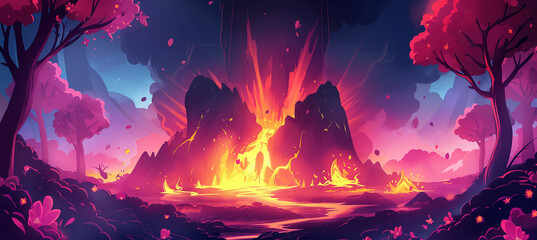 Fototapeta premium The Volcano lava burst cartoon hell exploding with tree and pink flower, game baclground, Illustration