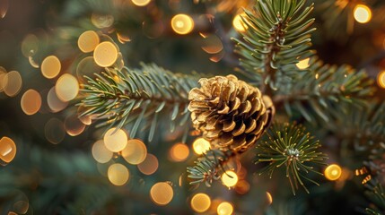 A golden pine cone ornament on a Christmas tree with festive lights creating a warm, holiday ambiance.