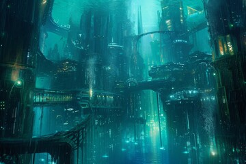 A photograph showcasing a modern city built in the middle of the ocean, featuring tall buildings, bridges, and futuristic architecture, Futuristic, abstract underwater cityscape, AI Generated