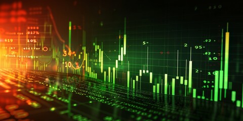 Fototapeta premium Stock market analysis with vibrant graphs and candlestick charts, showcasing dynamic financial data.