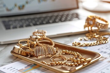 Gold jewelry including bracelets, rings, and chains elegantly displayed on a velvet-lined tray next to a laptop and financial graphs. 