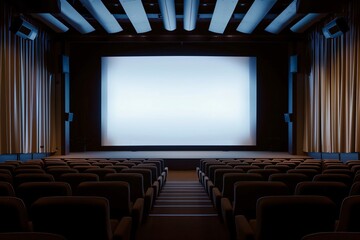 Obraz premium Empty cinema theater screen patiently awaiting the start of the movie