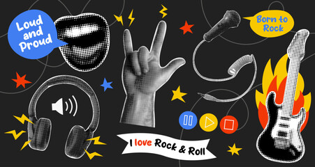 Trendy grunge set with collage elements and phrases on the theme of rock music in retro style. Electric guitar, microphone, hand, headphones and lips isolated on black background.