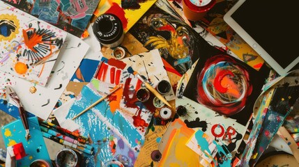 Fototapeta premium Painter's desk is covered in colorful abstract paintings, paint brushes, and open paint cans