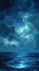 Fototapeta premium Blue sky and ocean at night, with stars and clouds