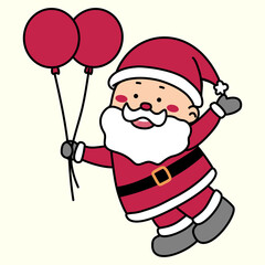 Christmas vector Illustration cartoon of santa claus flying while holding red ballons, isolated on light yellow background