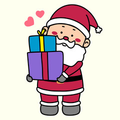Christmas vector Illustration cartoon of santa claus holding the presents, isolated on light yellow background